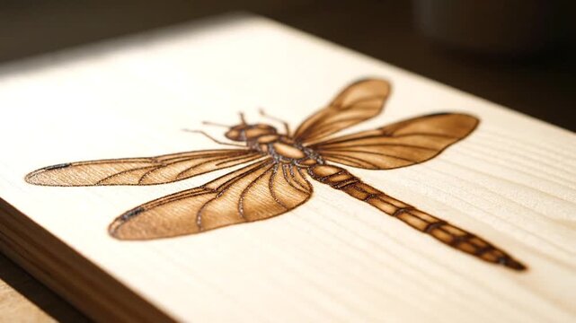 Dragonfly Wood Burning Art - Detailed Insect Illustration on Light Wood