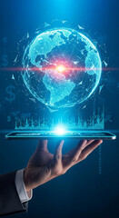 A hand holding a digital globe with financial data, representing global business and technology concept