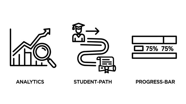 Education and Progress Icons: Analytics graph, student path, and progress bar icons for academic achievement, learning, and data analysis.