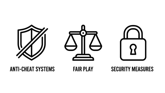 Fair Play and Security Icons: Anti-cheat systems, scales of justice, and security measures icons for game integrity and data protection.