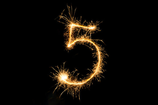 Number 5 Sparkler Light - Bright Gold Fireworks on Black
