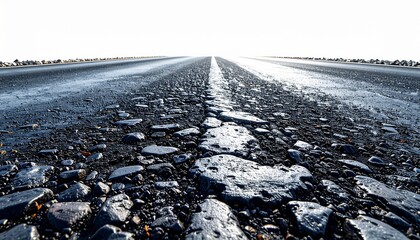 Naklejka premium Low Angle View of Cracked Asphalt Road with White Line Marking