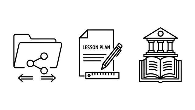 Folder share, lesson plan with pencil and ruler, and academic building icons