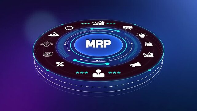 Material requirements planning mrp system concept with glowing digital interface showing manufacturing and business management icons,