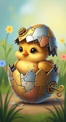 Windup steampunk chick hatching from a patchwork metal egg with key and gears for spring wallpaper and poster background