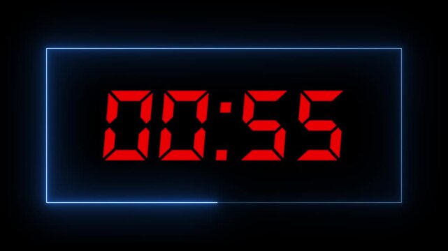 60 Second Digital Countdown Timer with Red LED Numbers and Blue Neon Border