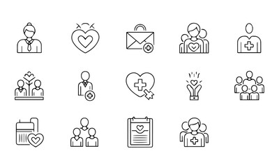 Fototapeta premium Set of line icons for healthcare, support, and charity, emphasizing wellness and community