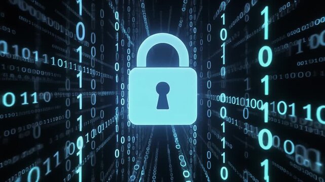 Digital padlock icon symbolizing cybersecurity and data protection in a stream of binary code.