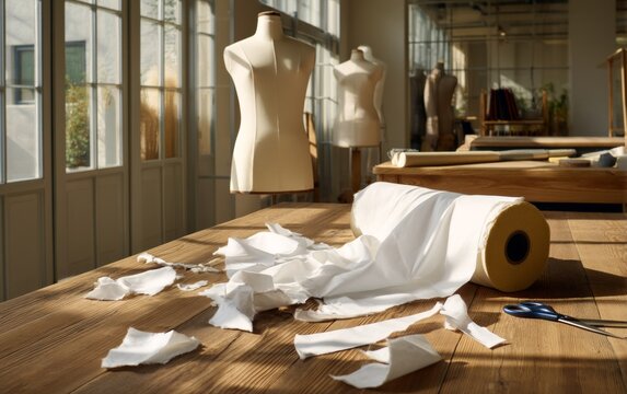 Late Afternoon in Tailor Shop with Fabric Offcuts Strewn on Wooden Table