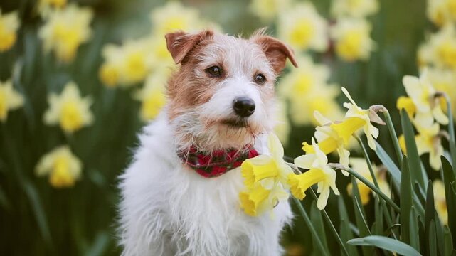 Cute dog next to daffodil flowers in spring. Springtime, easter background.