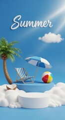 Summer beach scene with palm tree deck chair umbrella and beach ball for seasonal banner background and poster design