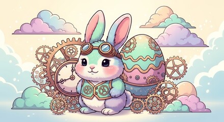 Pastel easter rabbit with decorated egg and clockwork gears against cloudy sky for holiday poster background and children illustration