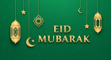 Golden Eid Mubarak text with hanging lanterns stars and moon