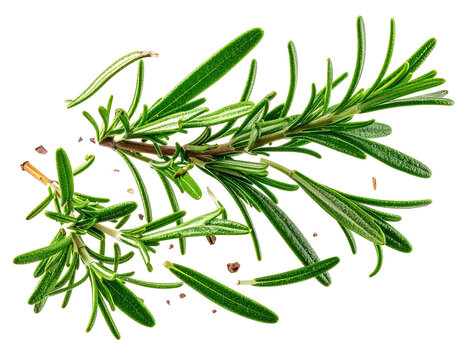 Fresh green rosemary sprigs scattered with tiny brown spices on white