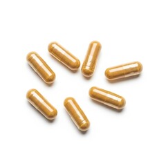 Golden capsules arranged in a circular pattern on a white background.