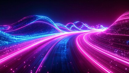 Fototapeta premium Abstract Neon Landscape with Glowing Pink and Blue Particles on Dark Background