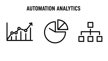 Automation analytics dashboard icons with business growth line graph pie chart and organizational hierarchy diagram