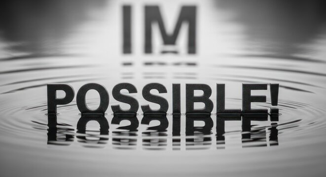 Black 3D letters spell "IM POSSIBLE!" reflected in rippling water