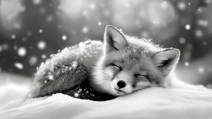 Fototapeta premium Sleeping Fox in the Snow During Evening Lowlight with Soft Snowflakes