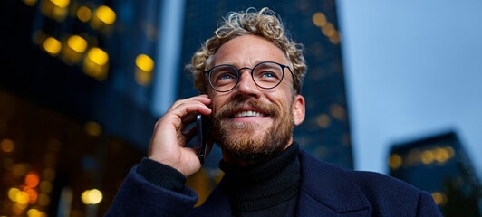 Man talking on cell phone at night in city street.