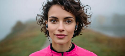 Woman wearing headphones and jogging on a road.