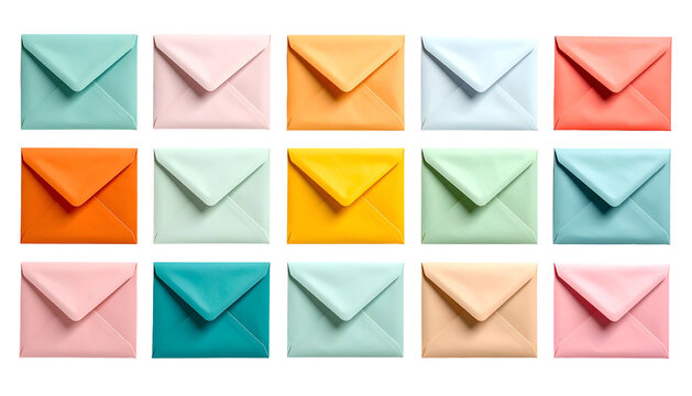 A grid of fifteen colorful closed envelopes in various pastel shades