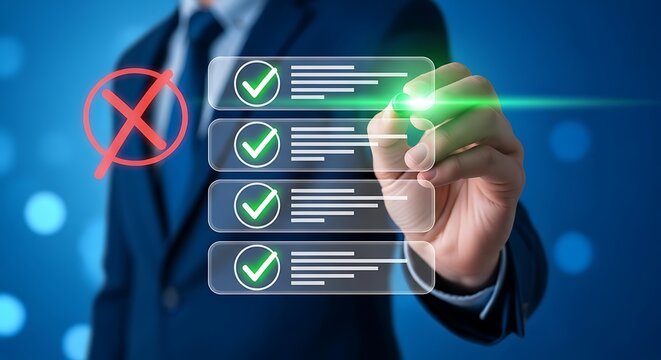 Businessman selecting check marks with a laser pen in a virtual interface
