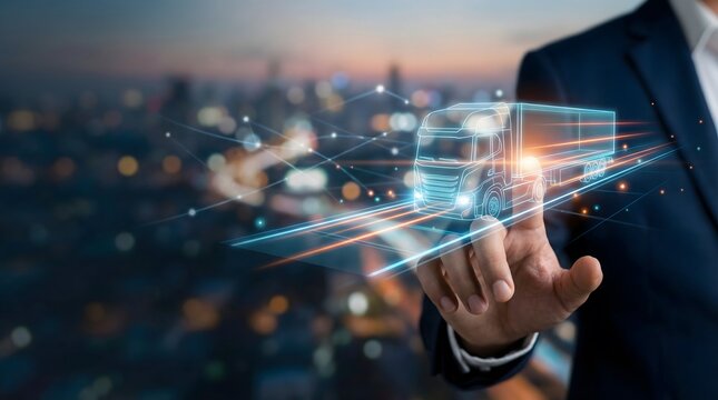 Businessman touching a glowing 3D holographic cargo truck driving on a digital highway. Fast land freight transportation.