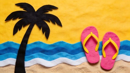 Obraz premium Brightly colored pink flip flops rest on sandy beach material next to a black felt palm tree cutout