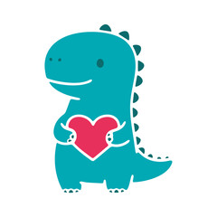 Obraz premium A cute teal dinosaur holding a red heart in a minimalist vector illustration