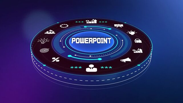 Advanced powerpoint framework for corporate presentations showing futuristic neon symbols for data sharing and marketing