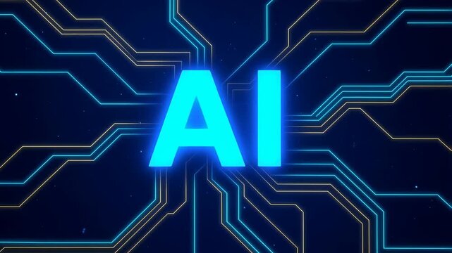 Futuristic AI technology circuit board animation with glowing blue letters