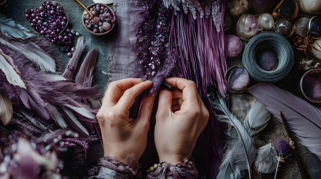 Hands crafting with feathers and beads