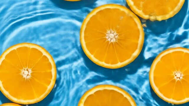 A close-up view of sliced citrus fruits floating on rippling blue water