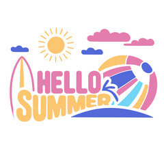 Fototapeta premium A colorful vector graphic illustration of a summer theme with the words 'Hello Summer' in bold, playful letters.