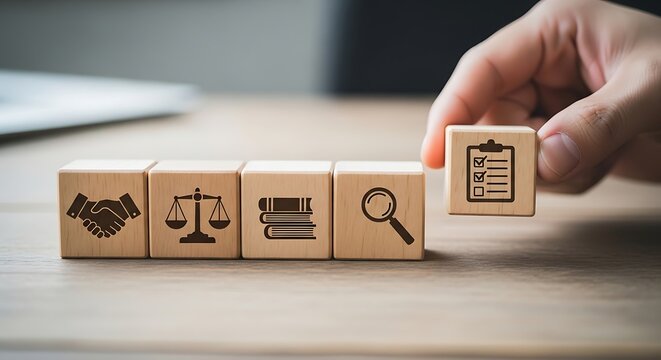 Hand placing a wooden block with a document icon on a row of blocks with various icons