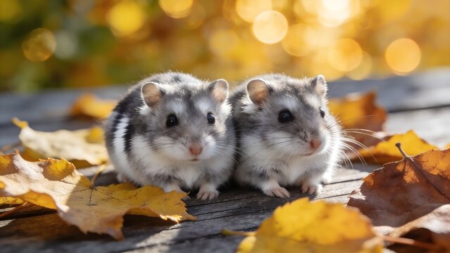 Two cute dwarf hamsters sitting close together outdoors amongst bright golden autumn fall leaves