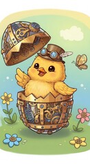 Cute steampunk chick hatching from a mechanical egg with goggles and gears for children background poster and banner design