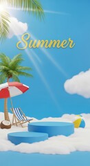 Summer beach scene with palm trees umbrella and lounge chair on cloud podiums for banner background and wallpaper design