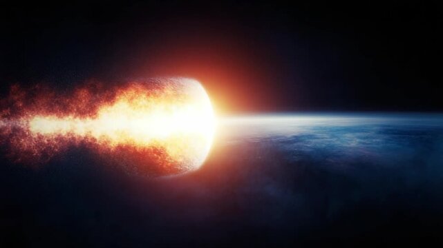 Celestial Collision: A dramatic depiction of a cosmic event unfolds as a fiery celestial body hurtles towards a planet, creating a powerful collision of celestial bodies.
