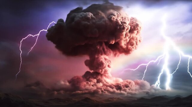 Massive mushroom cloud from a powerful explosion under a dramatic stormy sky with intense lightning and colorful atmospheric effects