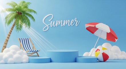Summer beach composition with palm tree striped deck chair and red umbrella for panoramic banner background and promotional design