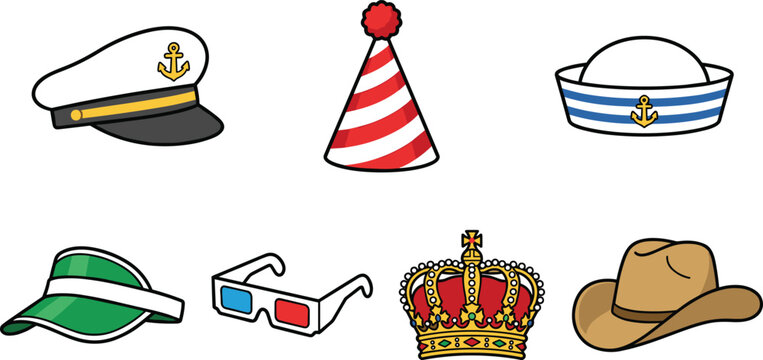 Collection of Various Colorful Hats and Accessories Including Sailor Caps Party Hat Crown Cowboy Hat and Vintage 3D Glasses