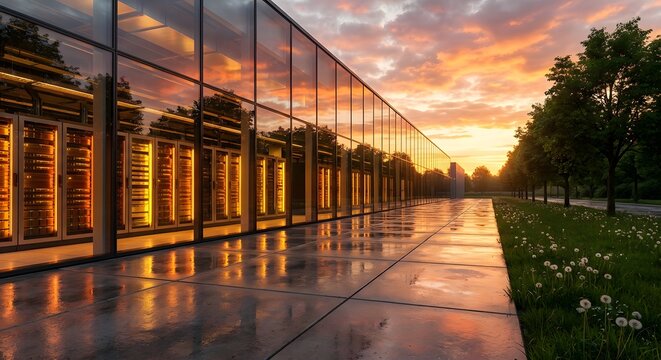 Modern data center building exterior with glowing server racks at sunset