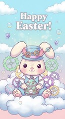 Cute steampunk easter bunny holding a decorated egg with gears clouds and butterflies for holiday card background and greeting design