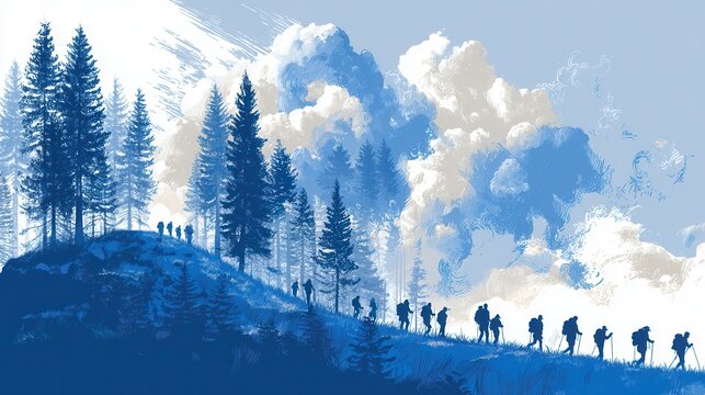 Silueta de excursionistas con mochilas subiendo una colina boscosa bajo un cielo nublado azul.