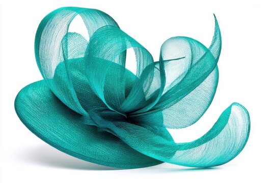 Luxury teal fascinator hat featuring sculptural ribbons and delicate mesh design, ideal for formal occasions or fashion events, showcasing intricate craftsmanship and vibrant color