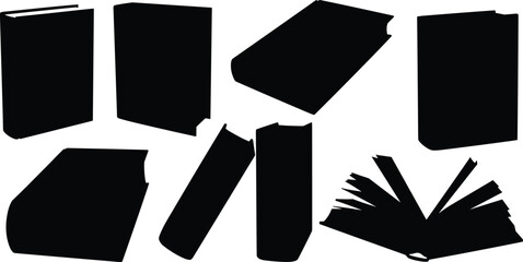 Silhouettes of books in various orientations, open and closed, upright and flat, minimalist design, literature, education, reading, study, knowledge, learning © Habiba
