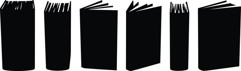 Row of upright book silhouettes, minimalist black design, stylized collection, literature, education, reading, knowledge, study, learning, library, academic, publishing © Habiba
