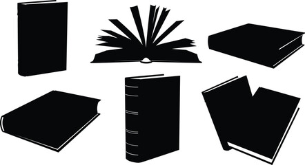 Book silhouettes in different orientations, open and closed, upright and flat, minimalist black design, literature, education, reading, knowledge, study, learning, library, academic, publishing © Habiba